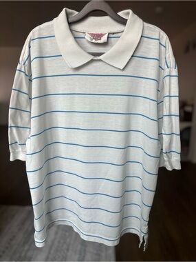 Vintage 80’s 90’s Men's White Polo Shirt W/Blue Stripes